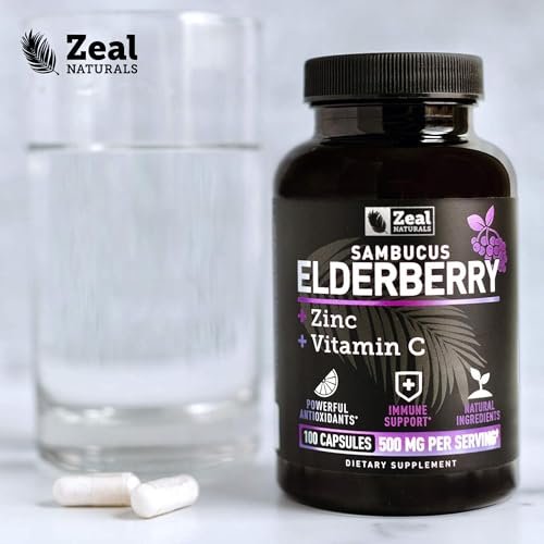 Zeal Naturals Hochdosierte Holunderbeeren Kapseln – 500 mg, 100 Kapseln | Sambucus Schwarzer Holunder, Vitamin C und Zink | 3-in-1 Immununterstützung für Erwachsene