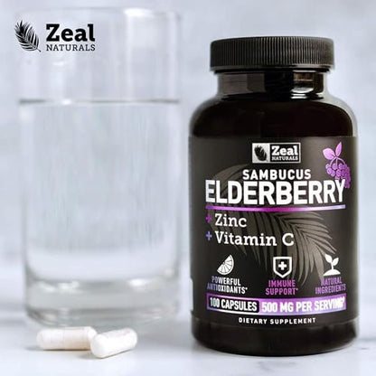 Zeal Naturals Hochdosierte Holunderbeeren Kapseln – 500 mg, 100 Kapseln | Sambucus Schwarzer Holunder, Vitamin C und Zink | 3-in-1 Immununterstützung für Erwachsene