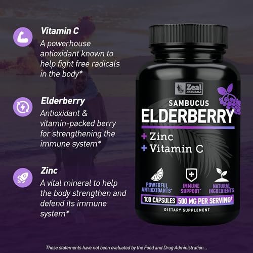 Zeal Naturals Hochdosierte Holunderbeeren Kapseln – 500 mg, 100 Kapseln | Sambucus Schwarzer Holunder, Vitamin C und Zink | 3-in-1 Immununterstützung für Erwachsene