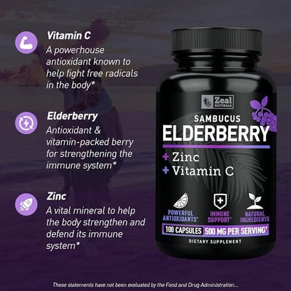 Zeal Naturals Hochdosierte Holunderbeeren Kapseln – 500 mg, 100 Kapseln | Sambucus Schwarzer Holunder, Vitamin C und Zink | 3-in-1 Immununterstützung für Erwachsene