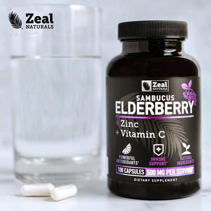 Zeal Naturals Hochdosierte Holunderbeeren Kapseln – 500 mg, 100 Kapseln | Sambucus Schwarzer Holunder, Vitamin C und Zink | 3-in-1 Immununterstützung für Erwachsene