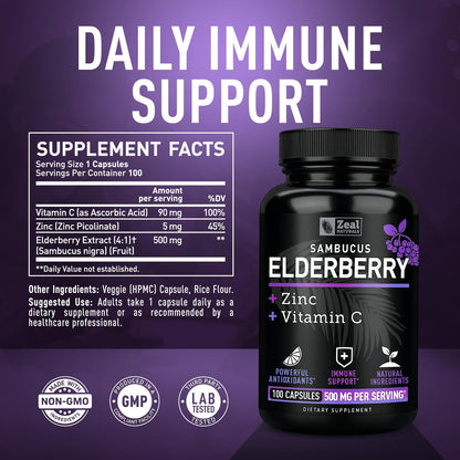 Zeal Naturals Hochdosierte Holunderbeeren Kapseln – 500 mg, 100 Kapseln | Sambucus Schwarzer Holunder, Vitamin C und Zink | 3-in-1 Immununterstützung für Erwachsene