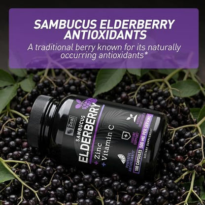 Zeal Naturals Hochdosierte Holunderbeeren Kapseln – 500 mg, 100 Kapseln | Sambucus Schwarzer Holunder, Vitamin C und Zink | 3-in-1 Immununterstützung für Erwachsene