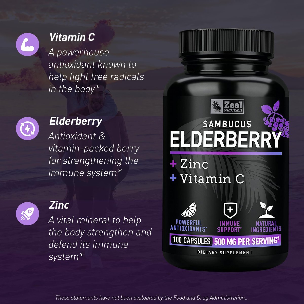Zeal Naturals Hochdosierte Holunderbeeren Kapseln – 500 mg, 100 Kapseln | Sambucus Schwarzer Holunder, Vitamin C und Zink | 3-in-1 Immununterstützung für Erwachsene