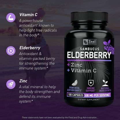 Zeal Naturals Hochdosierte Holunderbeeren Kapseln – 500 mg, 100 Kapseln | Sambucus Schwarzer Holunder, Vitamin C und Zink | 3-in-1 Immununterstützung für Erwachsene
