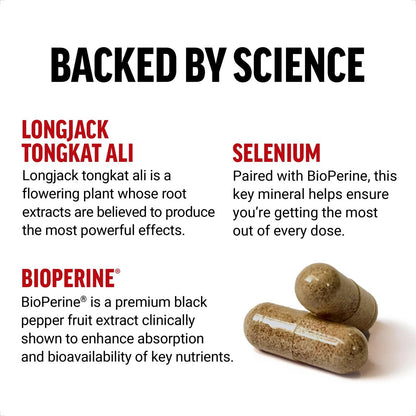 Force Factor Longjack Tongkat Ali 500mg – Unterstützung für Männerhormone, Energie, Vitalität & Muskelkraft, mit BioPerine Schwarzer Pfeffer Extrakt, 30 Kapseln