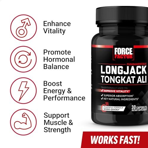 Force Factor Longjack Tongkat Ali 500mg – Unterstützung für Männerhormone, Energie, Vitalität & Muskelkraft, mit BioPerine Schwarzer Pfeffer Extrakt, 30 Kapseln