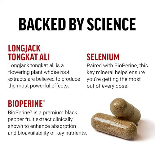 Force Factor Longjack Tongkat Ali 500mg – Unterstützung für Männerhormone, Energie, Vitalität & Muskelkraft, mit BioPerine Schwarzer Pfeffer Extrakt, 30 Kapseln
