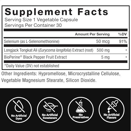 Force Factor Longjack Tongkat Ali 500mg – Unterstützung für Männerhormone, Energie, Vitalität & Muskelkraft, mit BioPerine Schwarzer Pfeffer Extrakt, 30 Kapseln