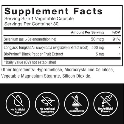 Force Factor Longjack Tongkat Ali 500mg – Unterstützung für Männerhormone, Energie, Vitalität & Muskelkraft, mit BioPerine Schwarzer Pfeffer Extrakt, 30 Kapseln