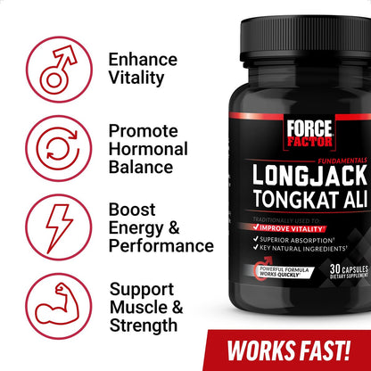 Force Factor Longjack Tongkat Ali 500mg – Unterstützung für Männerhormone, Energie, Vitalität & Muskelkraft, mit BioPerine Schwarzer Pfeffer Extrakt, 30 Kapseln