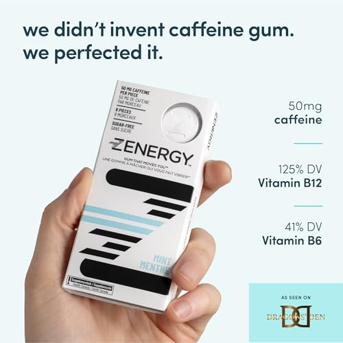 ZENERGY Energy Gum Minzgeschmack – 50 mg Koffein + B-Vitamine, vegan, zuckerfrei, 3er-Pack (24 Stück)