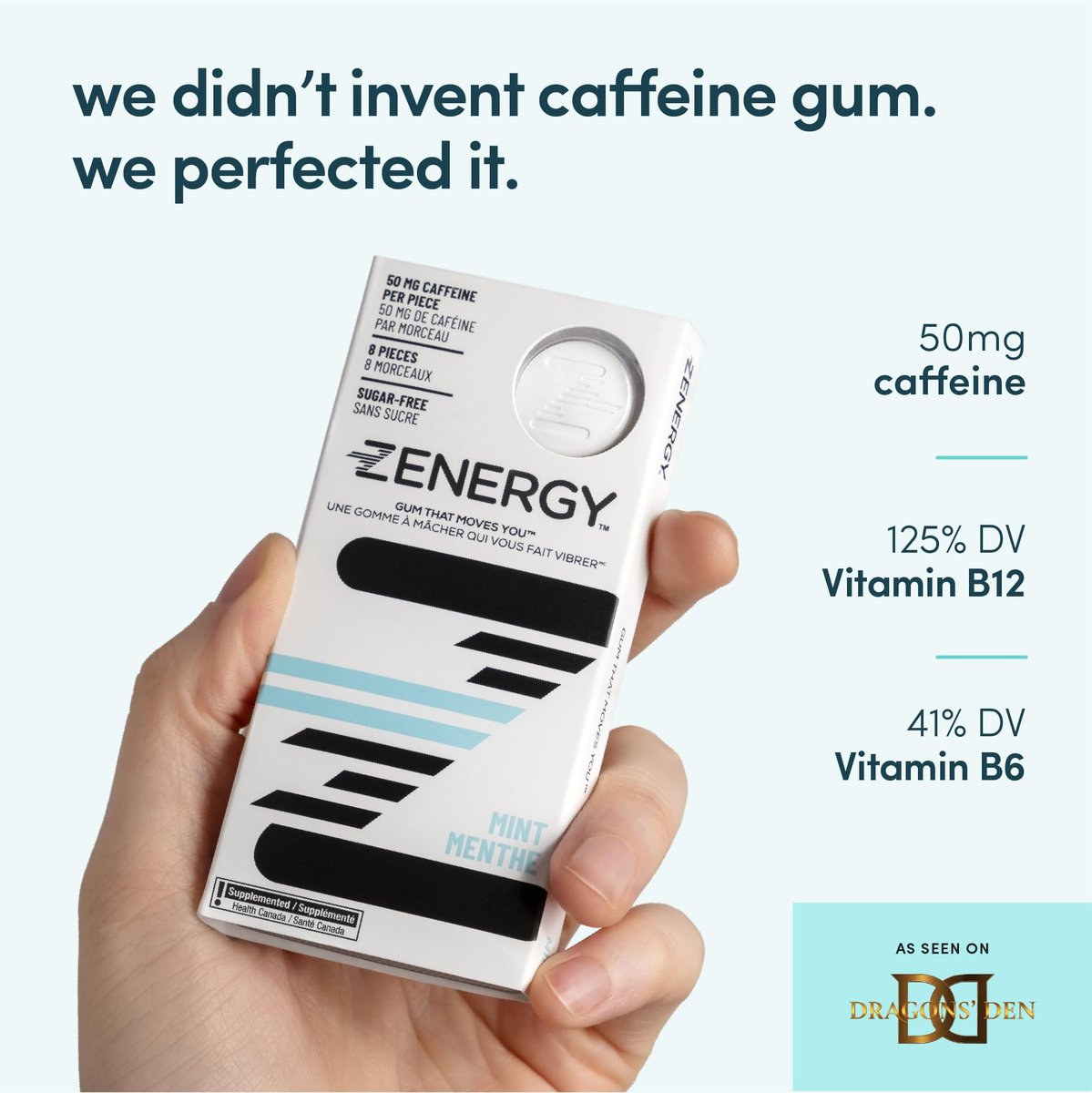 ZENERGY Energy Gum Minzgeschmack – 50 mg Koffein + B-Vitamine, vegan, zuckerfrei, 3er-Pack (24 Stück)