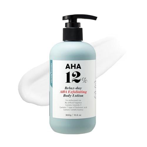 VILLAGE11FACTORY Relax Day AHA Exfoliating Body Lotion | Glykolsäure Lotion für Keratosis Pilaris, Erdbeerbeine & raue Haut | Feuchtigkeitsspendende Körperpflege gegen dunkle Flecken, Akne & Textur | 10,6 fl oz