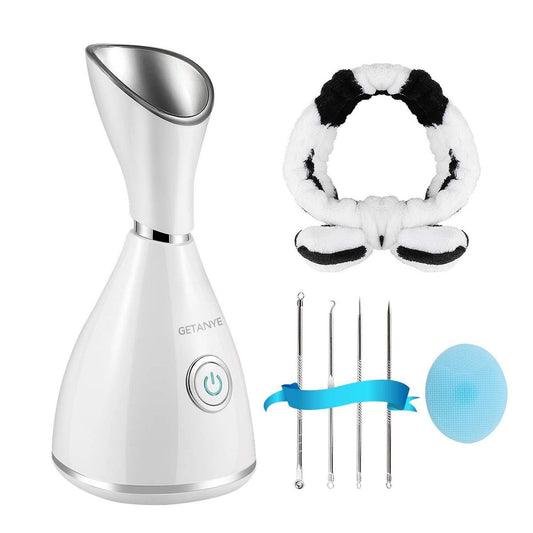 GETANYE Nano Ionic Gesichts-Dampfbad – 10-fache Penetration, verfeinert Poren, befeuchtender Spa-Luftbefeuchter mit kostenlosem Mitesser-Entferner-Set, Haarband und Gesichtsbürste