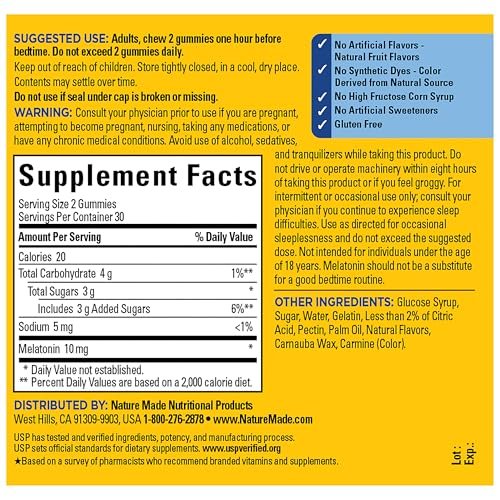 Nature Made Melatonin 10mg Gummis – Höchstdosis, 60 Stück, 30-Tage-Vorrat, Schlafhilfe für Erwachsene
