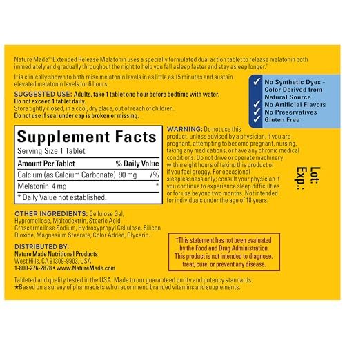 Nature Made Melatonin 4mg mit verlängerter Wirkstofffreisetzung - Schlafmittel für Erwachsene, 100% arzneimittelfreies Schlafhilfe, 90 Tabletten, 90-Tage-Versorgung