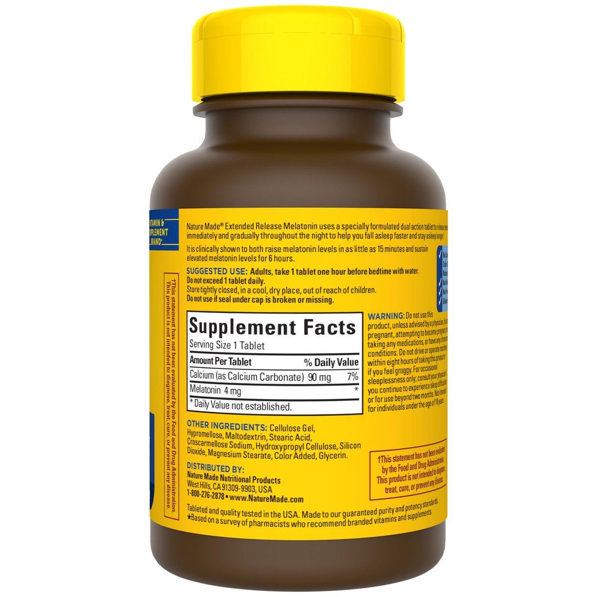 Nature Made Melatonin 4mg mit verlängerter Wirkstofffreisetzung - Schlafmittel für Erwachsene, 100% arzneimittelfreies Schlafhilfe, 90 Tabletten, 90-Tage-Versorgung