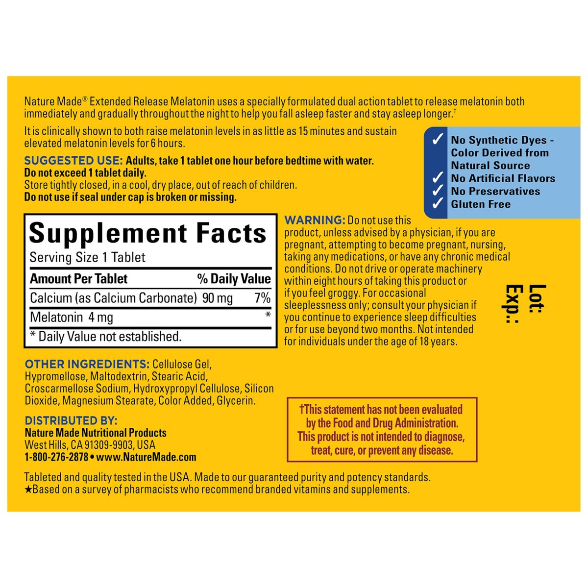 Nature Made Melatonin 4mg mit verlängerter Wirkstofffreisetzung - Schlafmittel für Erwachsene, 100% arzneimittelfreies Schlafhilfe, 90 Tabletten, 90-Tage-Versorgung