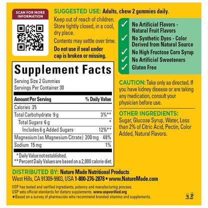 Nature Made Hochdosiertes Magnesiumcitrat 200 mg pro Portion – Magnesium Gummies für Muskeln, Nerven, Knochen und Herzunterstützung – 60 Gummis, 30-Tage-Vorrat