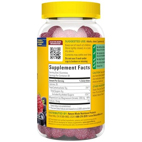Nature Made Hochdosiertes Magnesiumcitrat 200 mg pro Portion – Magnesium Gummies für Muskeln, Nerven, Knochen und Herzunterstützung – 60 Gummis, 30-Tage-Vorrat