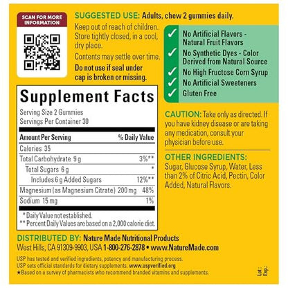 Nature Made Hochdosiertes Magnesiumcitrat 200 mg pro Portion – Magnesium Gummies für Muskeln, Nerven, Knochen und Herzunterstützung – 60 Gummis, 30-Tage-Vorrat