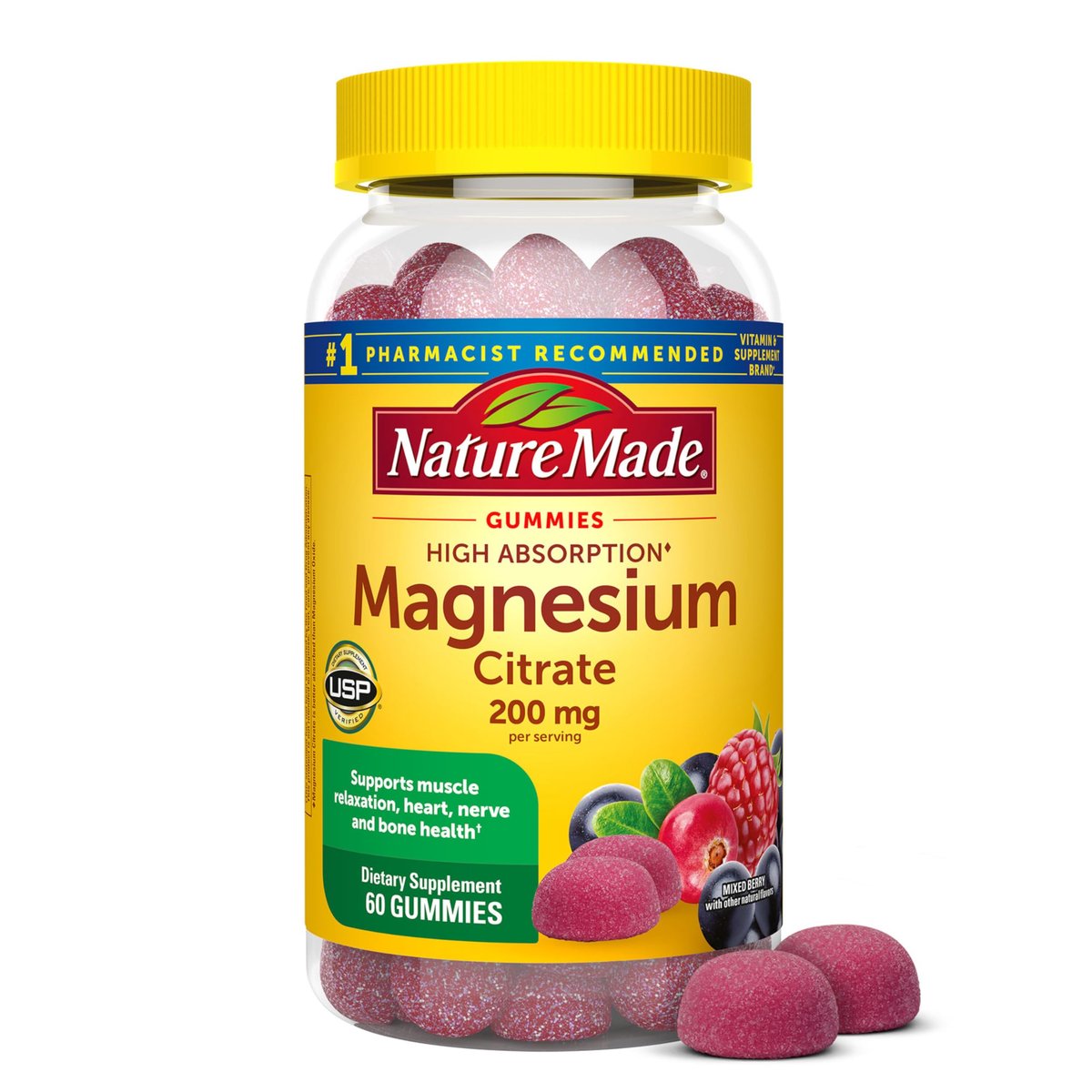 Nature Made Hochdosiertes Magnesiumcitrat 200 mg pro Portion – Magnesium Gummies für Muskeln, Nerven, Knochen und Herzunterstützung – 60 Gummis, 30-Tage-Vorrat