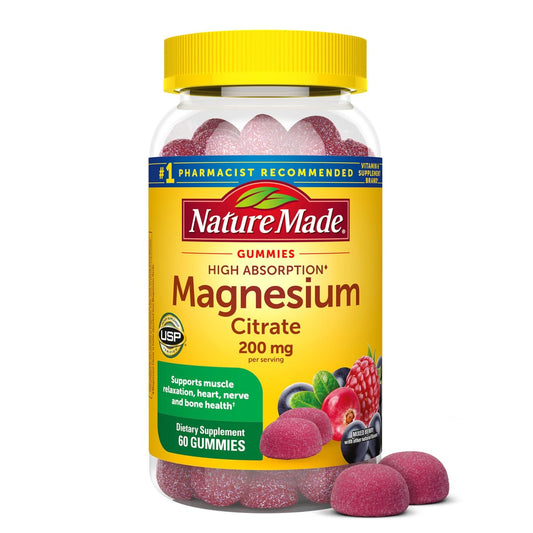 Nature Made Hochdosiertes Magnesiumcitrat 200 mg pro Portion – Magnesium Gummies für Muskeln, Nerven, Knochen und Herzunterstützung – 60 Gummis, 30-Tage-Vorrat
