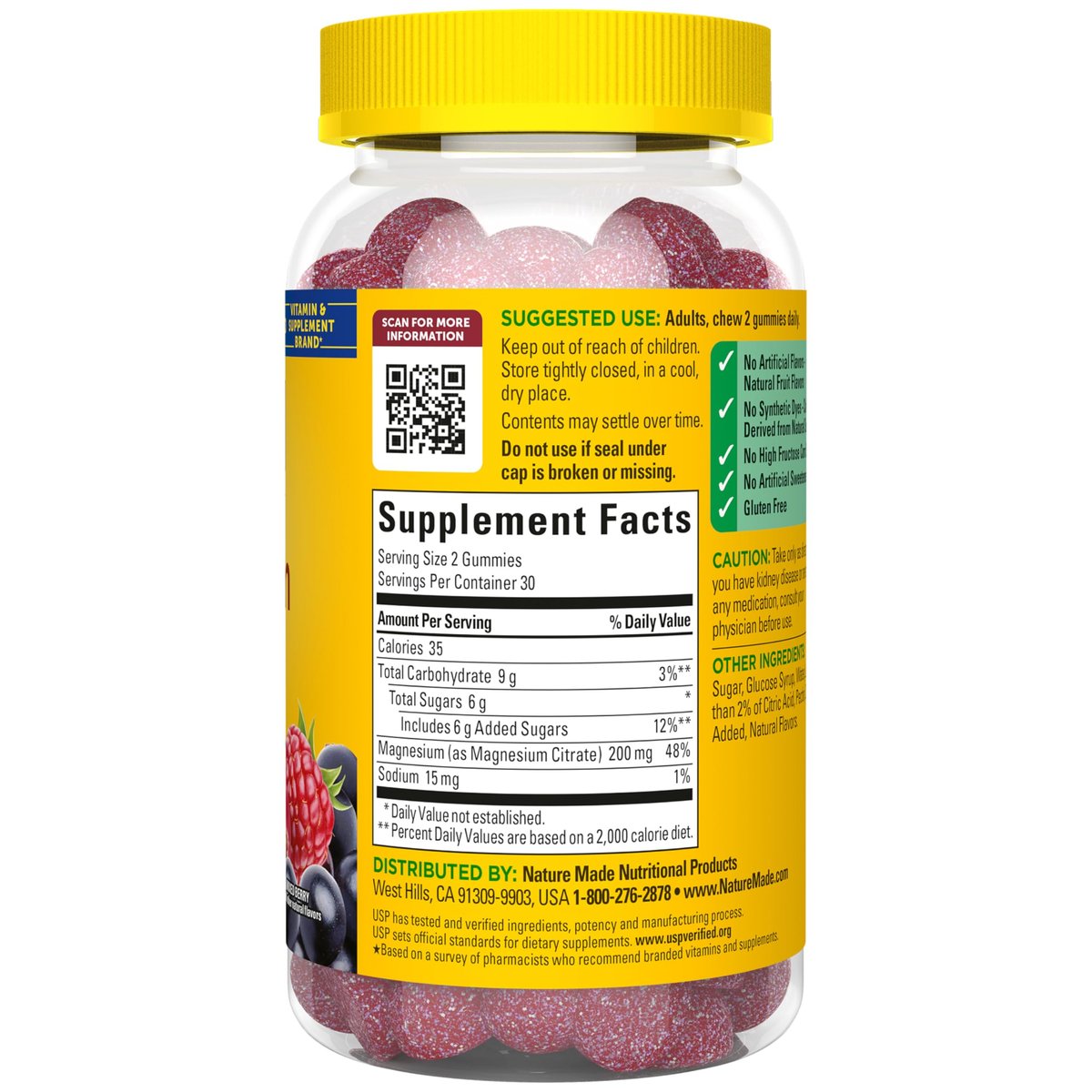 Nature Made Hochdosiertes Magnesiumcitrat 200 mg pro Portion – Magnesium Gummies für Muskeln, Nerven, Knochen und Herzunterstützung – 60 Gummis, 30-Tage-Vorrat
