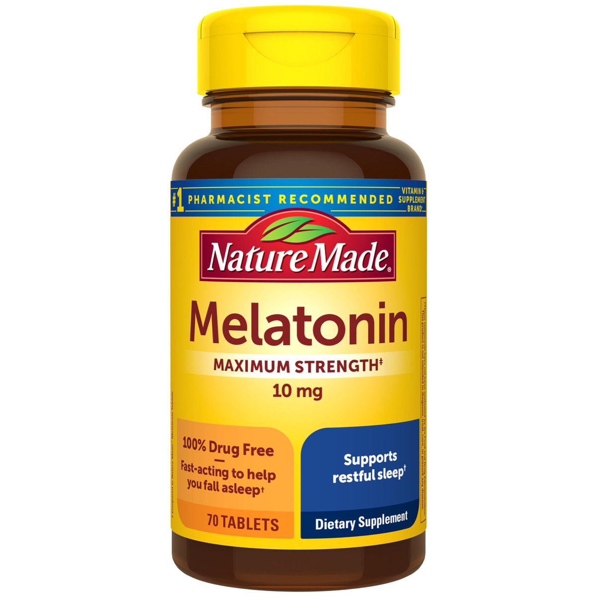 Nature Made Melatonin 10 mg Tabletten – Maximale Stärke, 100% drogenfreies Schlafmittel für Erwachsene, 70 Stück, 70-Tage-Vorrat