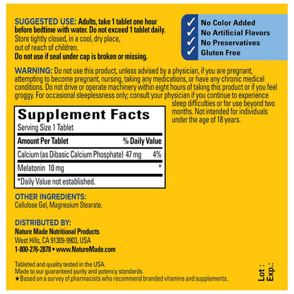 Nature Made Melatonin 10 mg Tabletten – Maximale Stärke, 100% drogenfreies Schlafmittel für Erwachsene, 70 Stück, 70-Tage-Vorrat