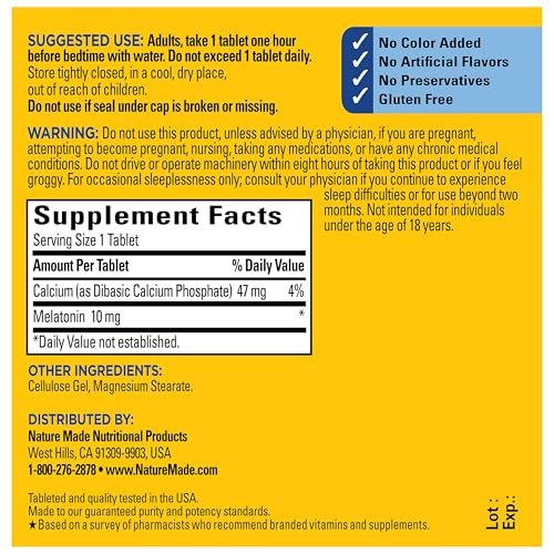 Nature Made Melatonin 10 mg Tabletten – Maximale Stärke, 100% drogenfreies Schlafmittel für Erwachsene, 70 Stück, 70-Tage-Vorrat