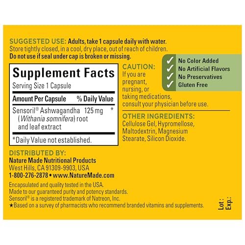 Nature Made Ashwagandha Kapseln 125 mg zur Stressunterstützung – 60 Kapseln, 60-Tage-Vorrat