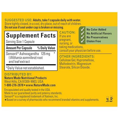 Nature Made Ashwagandha Kapseln 125 mg zur Stressunterstützung – 60 Kapseln, 60-Tage-Vorrat
