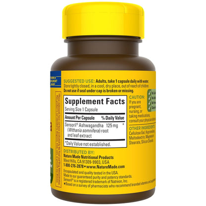 Nature Made Ashwagandha Kapseln 125 mg zur Stressunterstützung – 60 Kapseln, 60-Tage-Vorrat