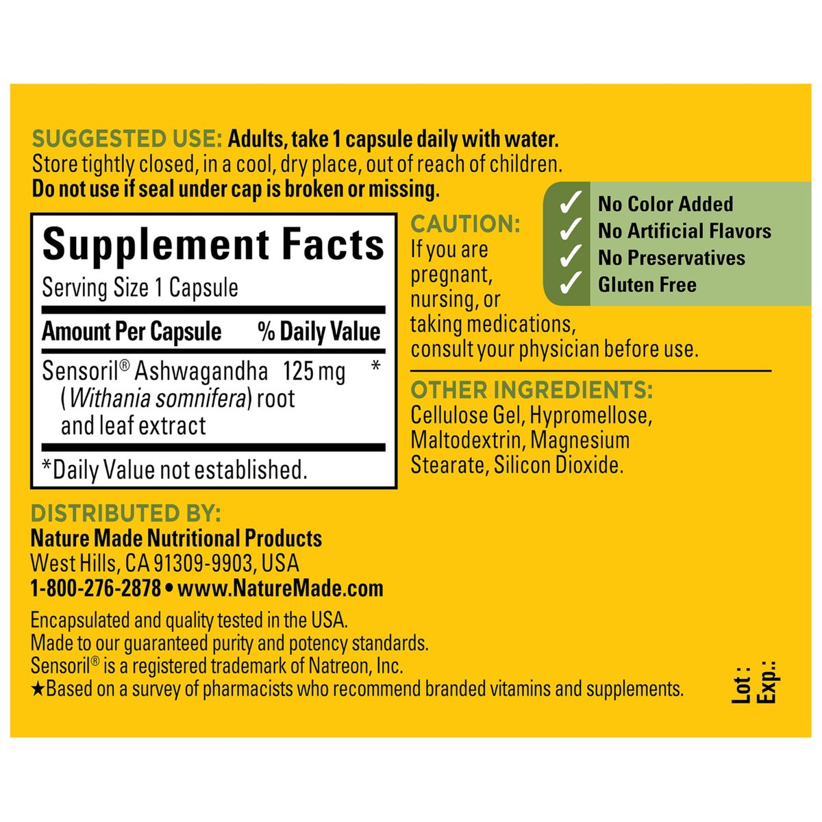 Nature Made Ashwagandha Kapseln 125 mg zur Stressunterstützung – 60 Kapseln, 60-Tage-Vorrat