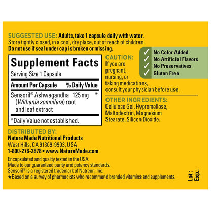 Nature Made Ashwagandha Kapseln 125 mg zur Stressunterstützung – 60 Kapseln, 60-Tage-Vorrat