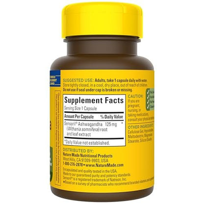 Nature Made Ashwagandha Kapseln 125 mg zur Stressunterstützung – 60 Kapseln, 60-Tage-Vorrat