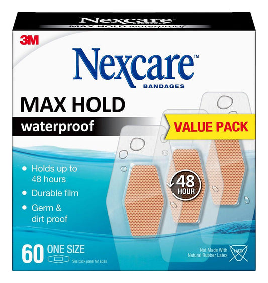 Nexcare Max Hold Waterproof Pflaster – 48 Stunden Halt, flexibel für Finger, Knie und Fersen – 60 Stück, transparent