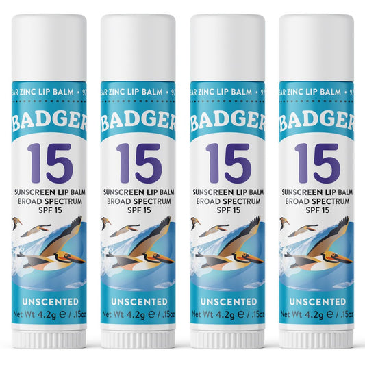 Badger Mineral Sonnencreme Lippenbalsam SPF 15, Riffschonend, Zinkoxid, Ungeduftet, Reisegröße, 0,15 oz 4er-Pack