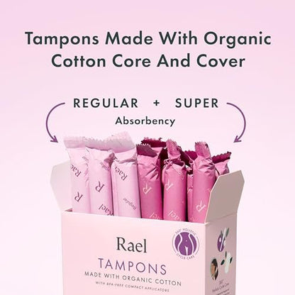 Rael Tampons mit Kompakt-Applikator – Biologische Baumwolle, mittlere Saugstärke, BPA-frei, chlorfrei, Leak Locker Technologie (36 Stück, Regular)