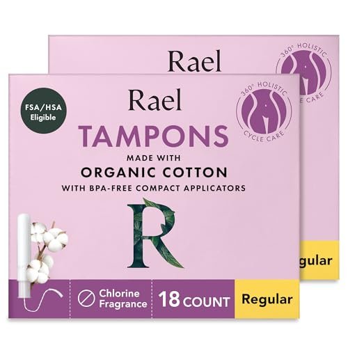 Rael Tampons mit Kompakt-Applikator – Biologische Baumwolle, mittlere Saugstärke, BPA-frei, chlorfrei, Leak Locker Technologie (36 Stück, Regular)