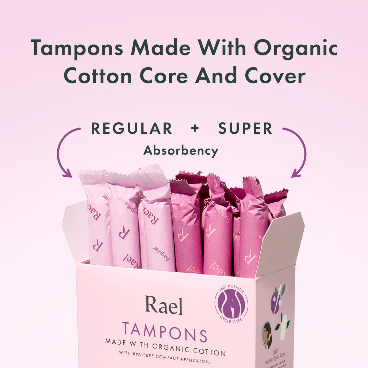 Rael Tampons mit Kompakt-Applikator – Biologische Baumwolle, mittlere Saugstärke, BPA-frei, chlorfrei, Leak Locker Technologie (36 Stück, Regular)