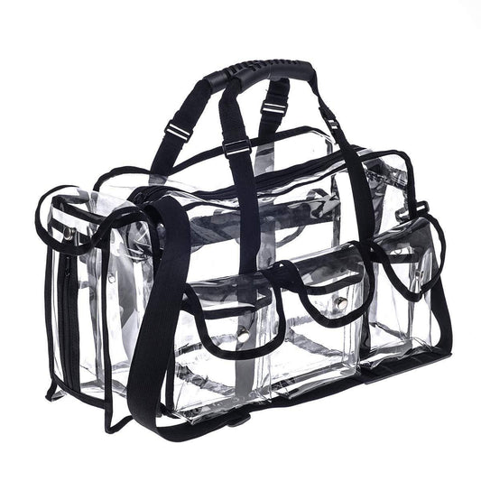 Jula Vance Professionelle durchsichtige PVC Make-up-Taschen-Organizer, Kosmetiktasche für MUA, transparente Vinyl-Reisetasche mit 6 Außentaschen und Taschentuchhalter