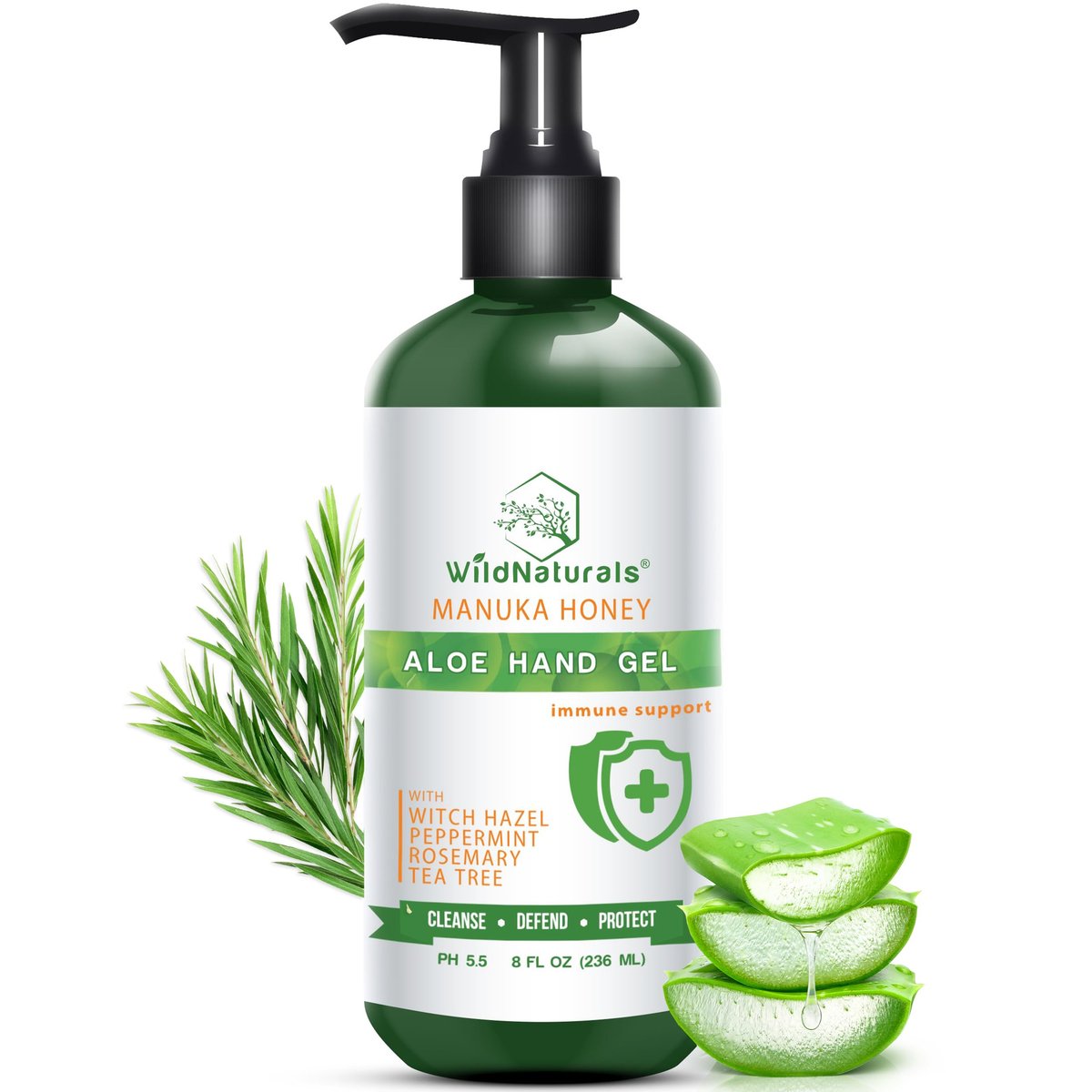 Reiner Aloe Vera Gel Handreiniger - 100% Bio Aloe Vera Gel mit Manuka Honig, Hamamelis, Pfefferminze, Oregano, Rosmarin & reinigendem Teebaum - Organischer Wasserloser Reinigungswasch