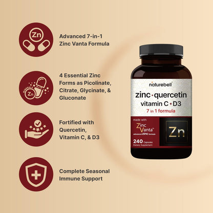 NatureBell Zink Quercetin mit Vitamin C & D3, 240 Kapseln | Quercetin 1000mg + Zink 50mg + Vitamin C 250mg + Vitamin D3 5000 IE | 4-in-1 Fortschrittliche Immun- & Lungenunterstützung | ZincVanta Formel