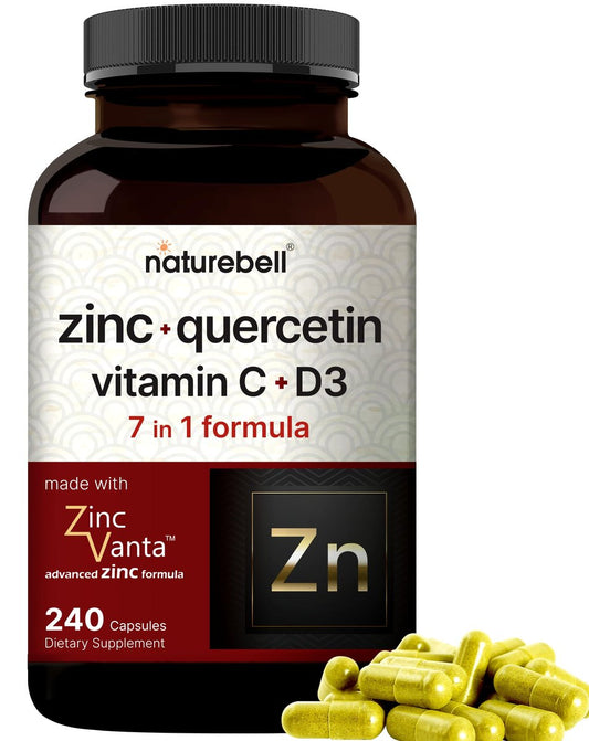 NatureBell Zink Quercetin mit Vitamin C & D3, 240 Kapseln | Quercetin 1000mg + Zink 50mg + Vitamin C 250mg + Vitamin D3 5000 IE | 4-in-1 Fortschrittliche Immun- & Lungenunterstützung | ZincVanta Formel