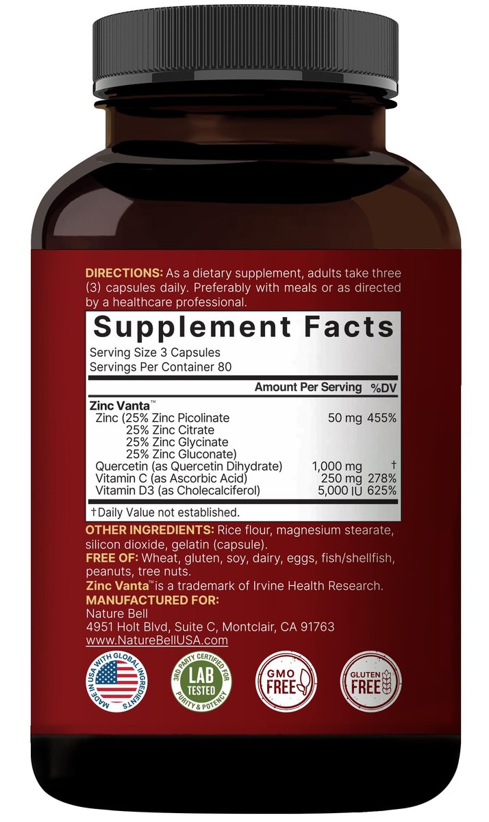 NatureBell Zink Quercetin mit Vitamin C & D3, 240 Kapseln | Quercetin 1000mg + Zink 50mg + Vitamin C 250mg + Vitamin D3 5000 IE | 4-in-1 Fortschrittliche Immun- & Lungenunterstützung | ZincVanta Formel
