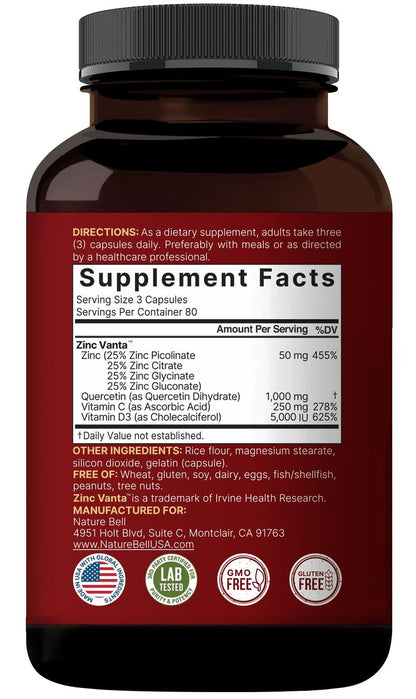 NatureBell Zink Quercetin mit Vitamin C & D3, 240 Kapseln | Quercetin 1000mg + Zink 50mg + Vitamin C 250mg + Vitamin D3 5000 IE | 4-in-1 Fortschrittliche Immun- & Lungenunterstützung | ZincVanta Formel