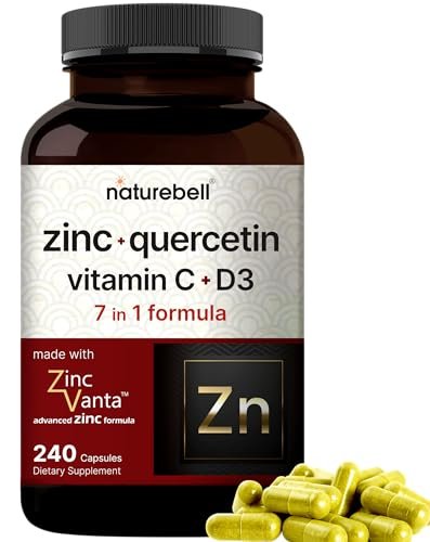 NatureBell Zink Quercetin mit Vitamin C & D3, 240 Kapseln | Quercetin 1000mg + Zink 50mg + Vitamin C 250mg + Vitamin D3 5000 IE | 4-in-1 Fortschrittliche Immun- & Lungenunterstützung | ZincVanta Formel